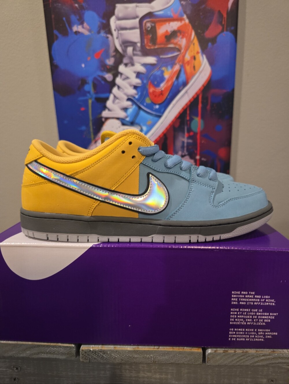 Nike SB Dunk Low Yellow and Light Blue with Holographic Swoosh